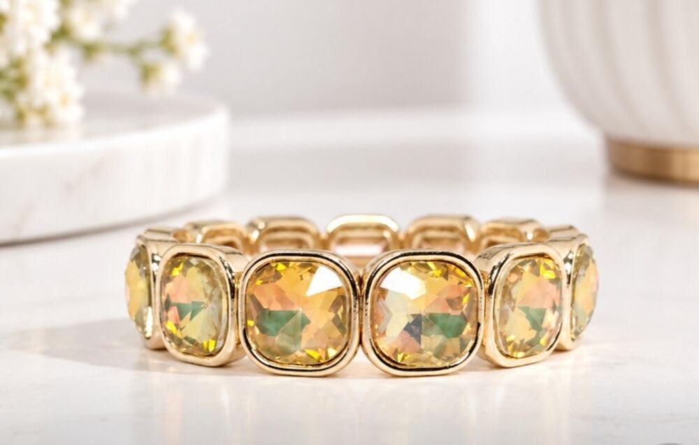 Gold Pastel Glass Stone Stretch Bracelet New